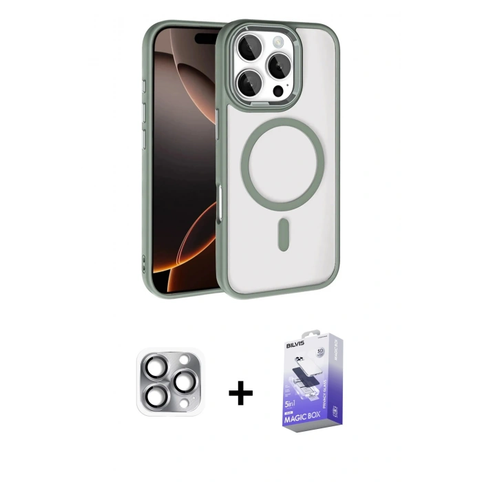 MARSİLYAN™- iPhone 16 Pro Max Kılıf Kıvılcım Prime - Siyah Bilvis 5in1 5D Magic Hayalet Cam Ekran Koruyucu + Gri Pers Alüminyum Kamera Lens