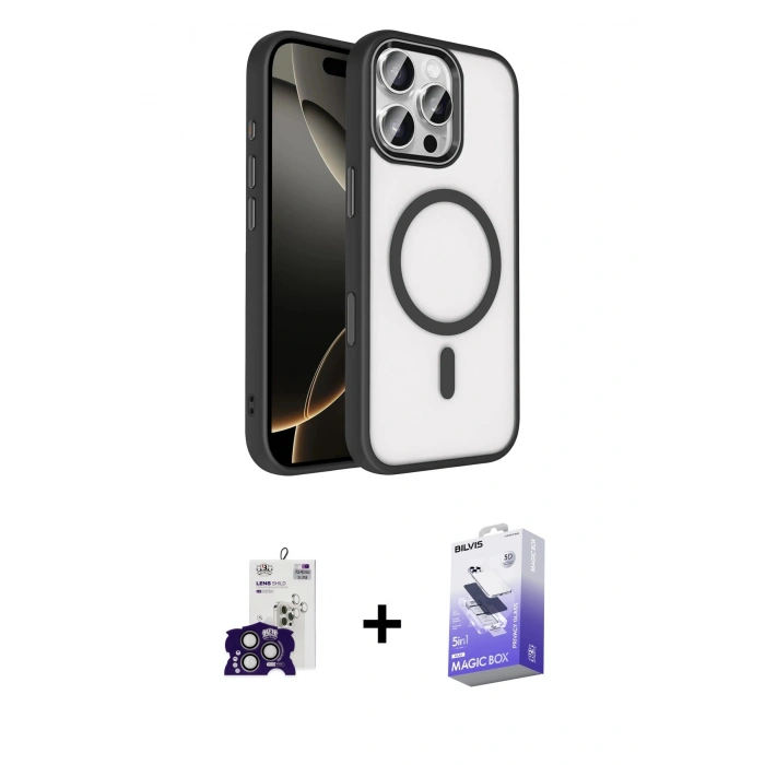 MARSİLYAN™- iPhone 16 Pro Max Kılıf Kıvılcım Prime - Siyah Bilvis 5in1 5D Magic Hayalet Cam Ekran Koruyucu + Bilvis Titan Kamera Lens - TMGI