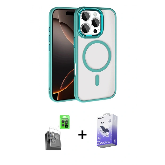 MARSİLYAN™- iPhone 16 Pro Max Kılıf Kıvılcım Prime - Siyah Bilvis 5in1 5D Magic Hayalet Cam Ekran Koruyucu + Raze Metal Kamera Lens - SH