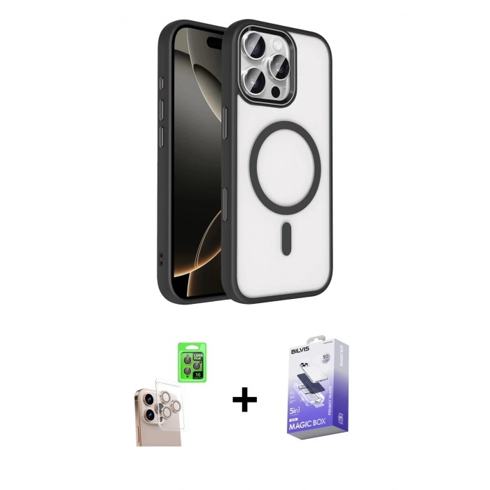 MARSİLYAN™- iPhone 16 Pro Max Kılıf Kıvılcım Prime - Siyah Bilvis 5in1 5D Magic Hayalet Cam Ekran Koruyucu + Raze Metal Kamera Lens - NLGY