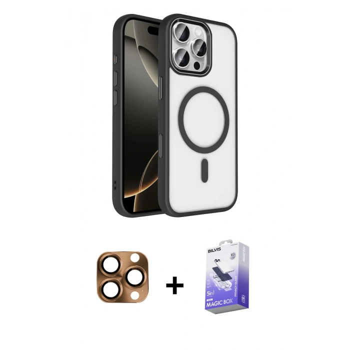 MARSİLYAN™- iPhone 16 Pro Max Kılıf Kıvılcım Prime - Siyah Bilvis 5in1 5D Magic Hayalet Cam Ekran Koruyucu + Pers Alüminyum Kamera Lens - CLTM