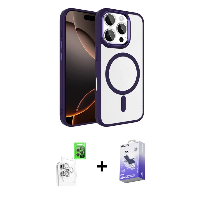 MARSİLYAN™- iPhone 16 Pro Max Kılıf Kıvılcım Prime - Siyah Bilvis 5in1 5D Magic Hayalet Cam Ekran Koruyucu + Raze Metal Kamera Lens - BZ