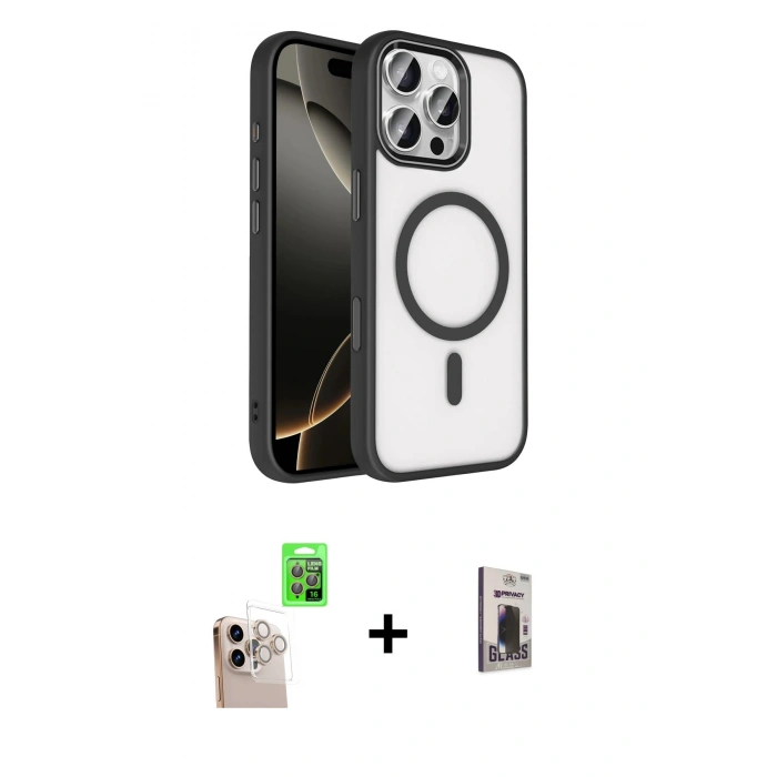 MARSİLYAN™- iPhone 16 Pro Max Kılıf Kıvılcım Prime - Siyah Bilvis Hayalet Cam Ekran Koruyucu + Raze Metal Kamera Lens - NLGY