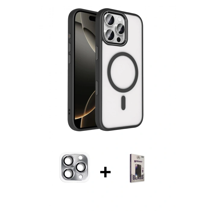 MARSİLYAN™- iPhone 16 Pro Max Kılıf Kıvılcım Prime - Siyah Bilvis Hayalet Cam Ekran Koruyucu + Pers Alüminyum Kamera Lens - GI