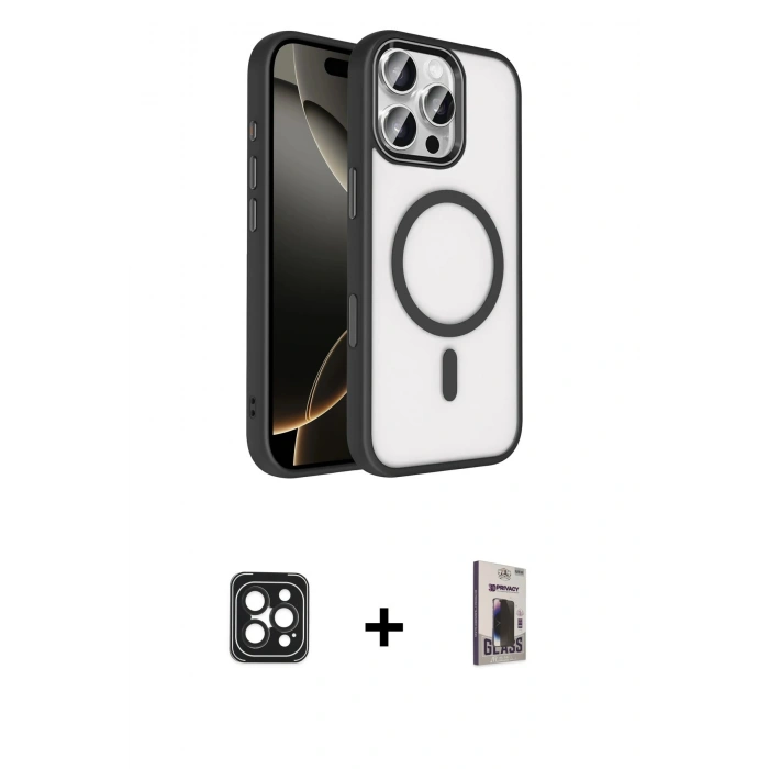 MARSİLYAN™- iPhone 16 Pro Max Kılıf Kıvılcım Prime - Siyah Bilvis Hayalet Cam Ekran Koruyucu + PVD Metal Kamera Lens - SH