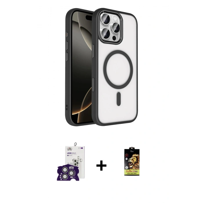 MARSİLYAN™- iPhone 16 Pro Max Kılıf Kıvılcım Prime - Siyah Buffer Cam Ekran Koruyucu + Bilvis Titan Kamera Lens - GS