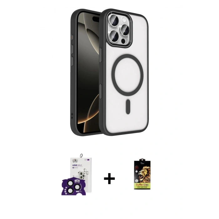 MARSİLYAN™- iPhone 16 Pro Max Kılıf Kıvılcım Prime - Siyah Buffer Cam Ekran Koruyucu + Bilvis Titan Kamera Lens - SH