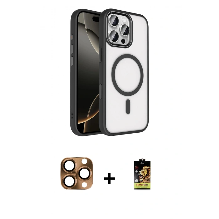 MARSİLYAN™- iPhone 16 Pro Max Kılıf Kıvılcım Prime - Siyah Buffer Cam Ekran Koruyucu + Pers Alüminyum Kamera Lens - CLTM