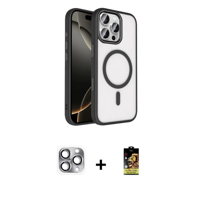 MARSİLYAN™- iPhone 16 Pro Max Kılıf Kıvılcım Prime - Siyah Buffer Cam Ekran Koruyucu + Pers Alüminyum Kamera Lens - GI