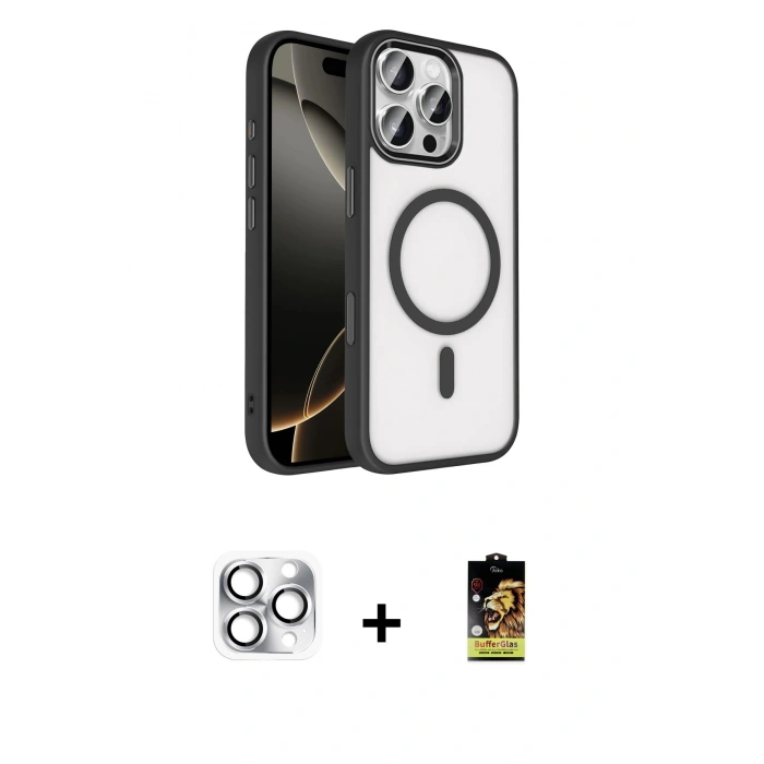 MARSİLYAN™- iPhone 16 Pro Max Kılıf Kıvılcım Prime - Siyah Buffer Cam Ekran Koruyucu + Pers Alüminyum Kamera Lens - GS