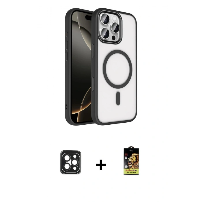 MARSİLYAN™- iPhone 16 Pro Max Kılıf Kıvılcım Prime - Siyah Buffer Cam Ekran Koruyucu + PVD Metal Kamera Lens - SH