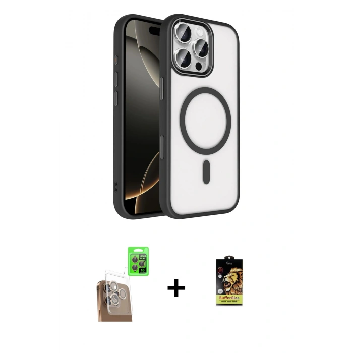 MARSİLYAN™- iPhone 16 Pro Max Kılıf Kıvılcım Prime - Siyah Buffer Cam Ekran Koruyucu + Raze Metal Kamera Lens - CLTM