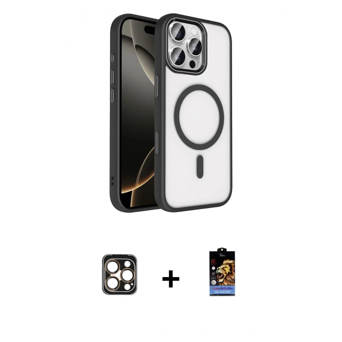 MARSİLYAN™- iPhone 16 Pro Max Kılıf Kıvılcım Prime - Siyah Buffer Hayalet Cam Ekran Koruyucu + PVD Metal Kamera Lens - GD