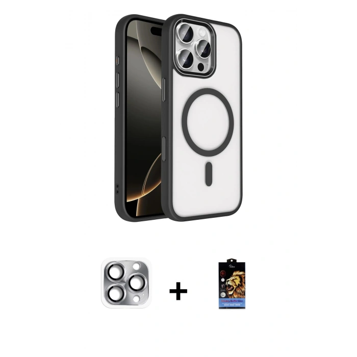 MARSİLYAN™- iPhone 16 Pro Max Kılıf Kıvılcım Prime - Siyah Buffer Hayalet Cam Ekran Koruyucu + Gri Pers Alüminyum Kamera Lens