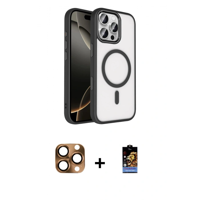 MARSİLYAN™- iPhone 16 Pro Max Kılıf Kıvılcım Prime - Siyah Buffer Hayalet Cam Ekran Koruyucu + Pers Alüminyum Kamera Lens - CLTM
