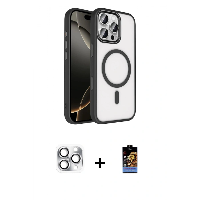 MARSİLYAN™- iPhone 16 Pro Max Kılıf Kıvılcım Prime - Siyah Buffer Hayalet Cam Ekran Koruyucu + Pers Alüminyum Kamera Lens - GS