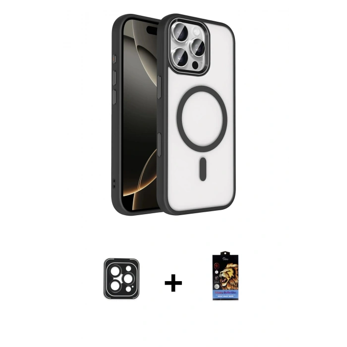 MARSİLYAN™- iPhone 16 Pro Max Kılıf Kıvılcım Prime - Siyah Buffer Hayalet Cam Ekran Koruyucu + PVD Metal Kamera Lens - SH
