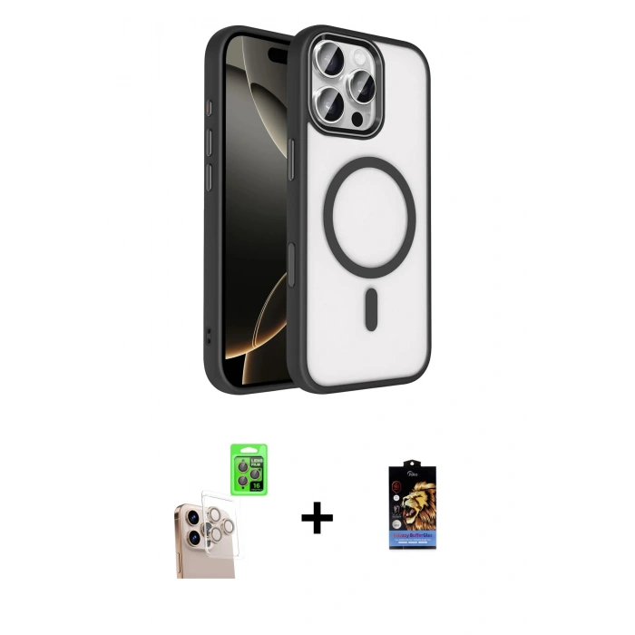 MARSİLYAN™- iPhone 16 Pro Max Kılıf Kıvılcım Prime - Siyah Buffer Hayalet Cam Ekran Koruyucu + Raze Metal Kamera Lens - NLGY