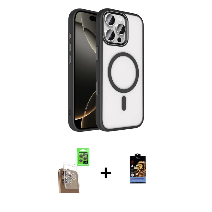 MARSİLYAN™- iPhone 16 Pro Max Kılıf Kıvılcım Prime - Siyah Buffer Hayalet Cam Ekran Koruyucu + Raze Metal Kamera Lens - CLTM