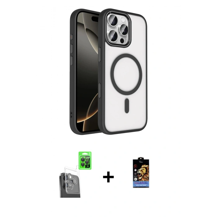 MARSİLYAN™- iPhone 16 Pro Max Kılıf Kıvılcım Prime - Siyah Buffer Hayalet Cam Ekran Koruyucu + Raze Metal Kamera Lens - SH