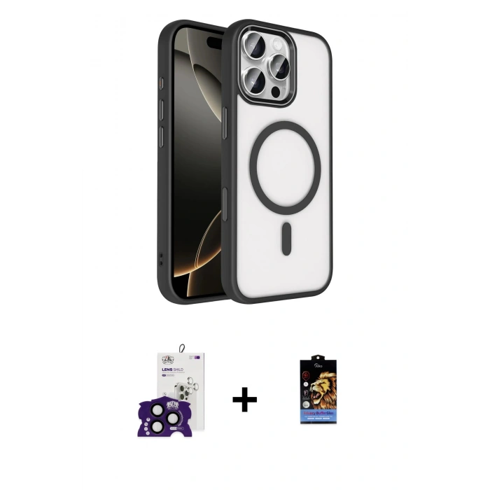 MARSİLYAN™- iPhone 16 Pro Max Kılıf Kıvılcım Prime - Siyah Buffer Hayalet Cam Ekran Koruyucu + Bilvis Titan Kamera Lens - SH