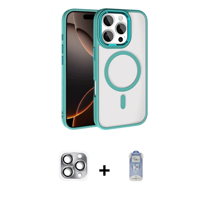 MARSİLYAN™- iPhone 16 Pro Max Kılıf Kıvılcım Prime - Siyah Joko Magic 5D Cam + Gri Pers Alüminyum Kamera Lens