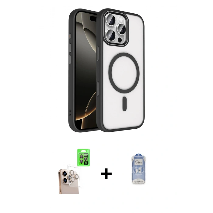 MARSİLYAN™- iPhone 16 Pro Max Kılıf Kıvılcım Prime - Siyah Joko Magic 5D Cam + Natural Grey Raze Metal Kamera Lens