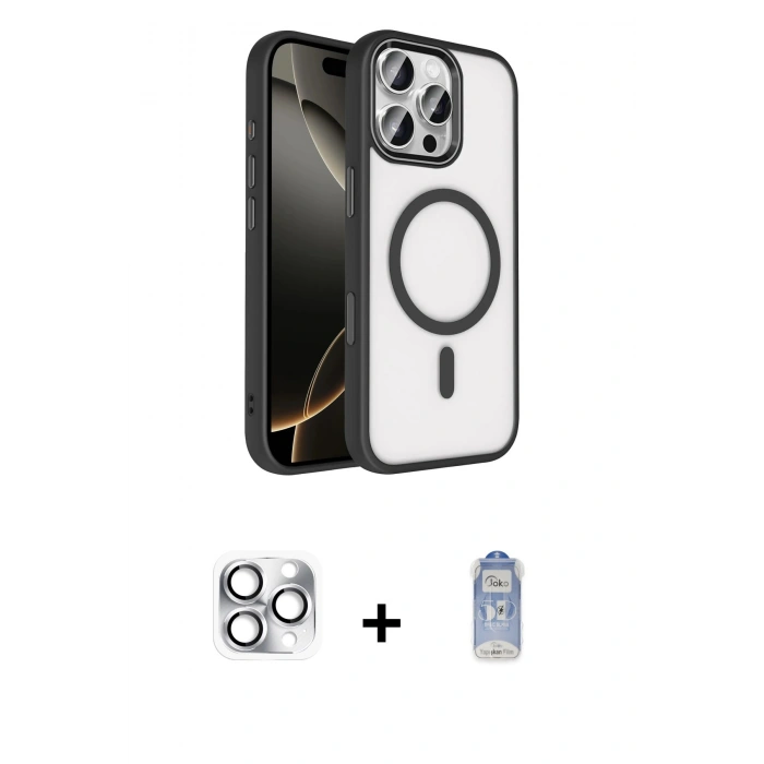 MARSİLYAN™- iPhone 16 Pro Max Kılıf Kıvılcım Prime - Siyah Joko Magic 5D Cam + Pers Alüminyum Kamera Lens - GS