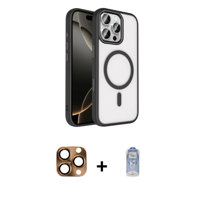 MARSİLYAN™- iPhone 16 Pro Max Kılıf Kıvılcım Prime - Siyah Joko Magic 5D Cam + Pers Alüminyum Kamera Lens - CLTM