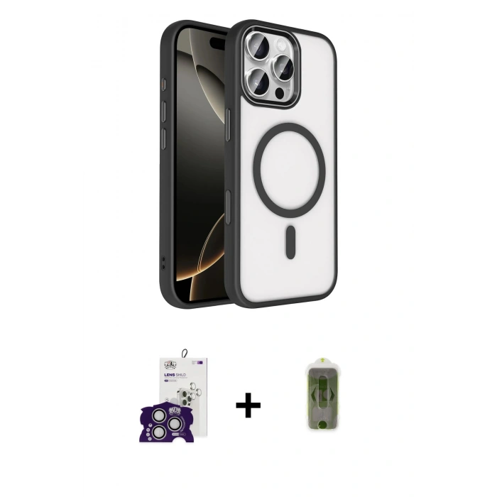 MARSİLYAN™- iPhone 16 Pro Max Kılıf Kıvılcım Prime - Siyah Joko Magic 5D Hayalet Cam + Gümüş Bilvis Titan Kamera Lens