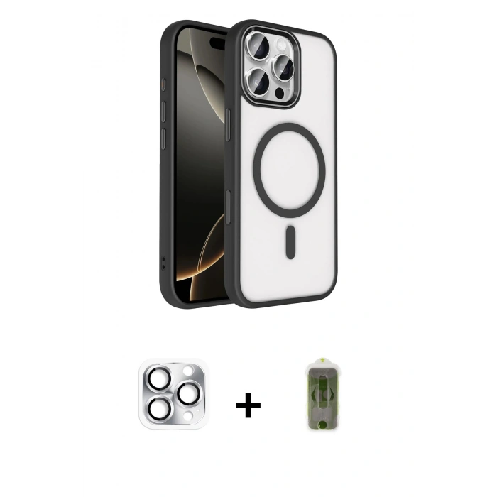 MARSİLYAN™- iPhone 16 Pro Max Kılıf Kıvılcım Prime - Siyah Joko Magic 5D Hayalet Cam + Pers Alüminyum Kamera Lens - GS