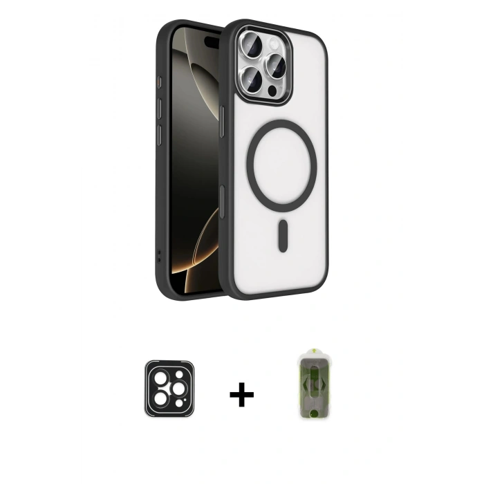 MARSİLYAN™- iPhone 16 Pro Max Kılıf Kıvılcım Prime - Siyah Joko Magic 5D Hayalet Cam + PVD Metal Kamera Lens - SH