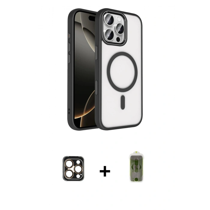 MARSİLYAN™- iPhone 16 Pro Max Kılıf Kıvılcım Prime - Siyah Joko Magic 5D Hayalet Cam + PVD Metal Kamera Lens - GD
