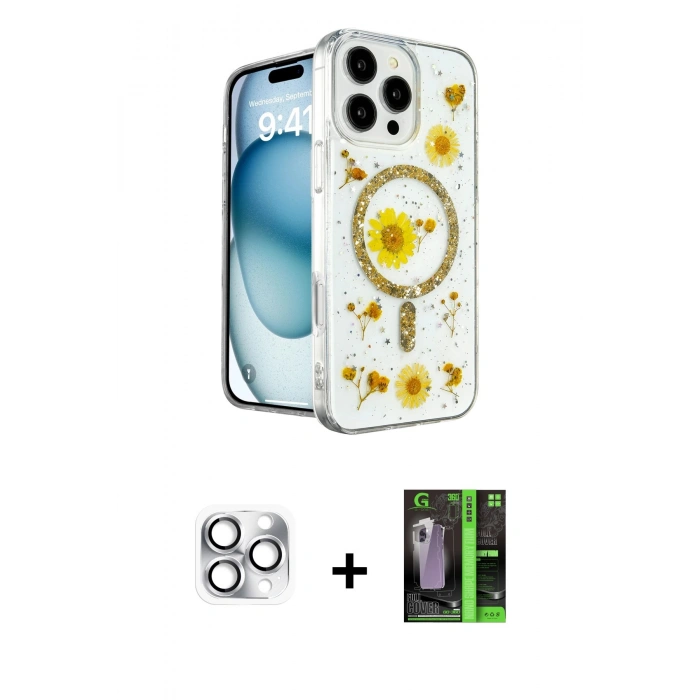 MARSİLYAN™- iPhone 16 Pro Max Kılıf Kozmos Doku - Şeffaf 360 Full Body Arka Koruyucu + Pers Alüminyum Kamera Lens - GS