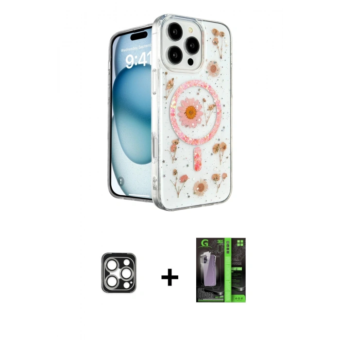 MARSİLYAN™- iPhone 16 Pro Max Kılıf Kozmos Doku - Şeffaf 360 Full Body Arka Koruyucu + PVD Metal Kamera Lens - GS