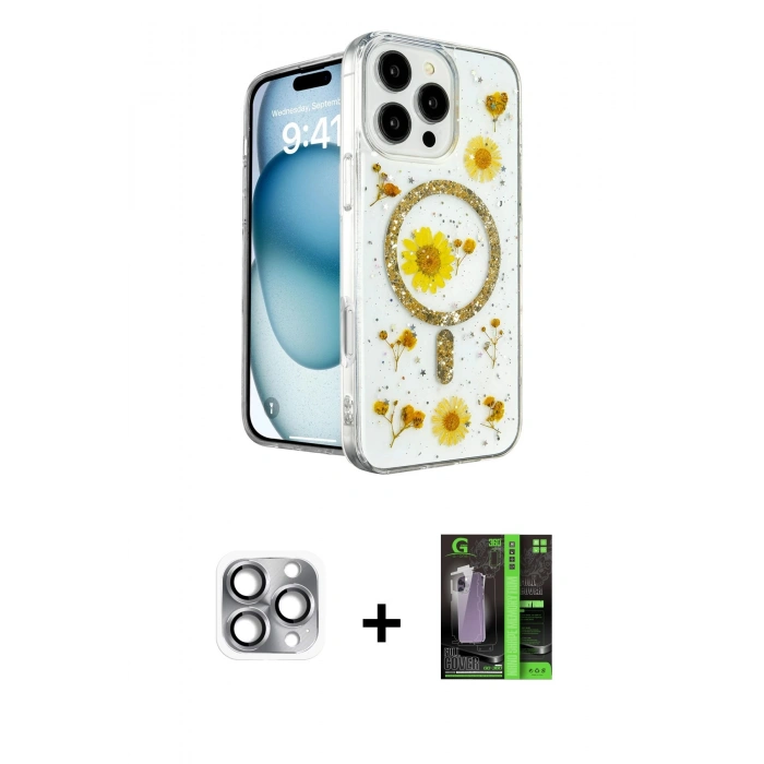 MARSİLYAN™- iPhone 16 Pro Max Kılıf Kozmos Doku - Şeffaf 360 Full Body Arka Koruyucu + Pers Alüminyum Kamera Lens - GI