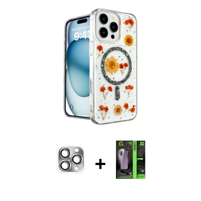 MARSİLYAN™- iPhone 16 Pro Max Kılıf Kozmos Doku - Şeffaf 360 Full Body Arka Koruyucu + Pers Alüminyum Kamera Lens - GI