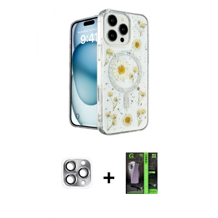 MARSİLYAN™- iPhone 16 Pro Max Kılıf Kozmos Doku - Şeffaf 360 Full Body Arka Koruyucu + Pers Alüminyum Kamera Lens - GI