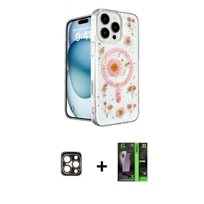 MARSİLYAN™- iPhone 16 Pro Max Kılıf Kozmos Doku - Şeffaf 360 Full Body Arka Koruyucu + PVD Metal Kamera Lens - GD