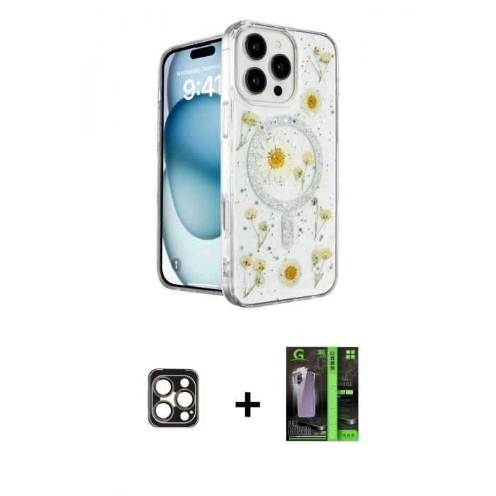 MARSİLYAN™- iPhone 16 Pro Max Kılıf Kozmos Doku - Şeffaf 360 Full Body Arka Koruyucu + PVD Metal Kamera Lens - GD