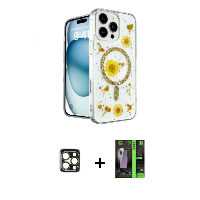 MARSİLYAN™- iPhone 16 Pro Max Kılıf Kozmos Doku - Şeffaf 360 Full Body Arka Koruyucu + PVD Metal Kamera Lens - GD