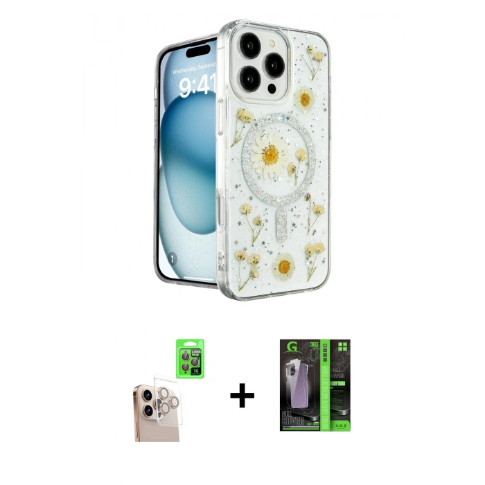 MARSİLYAN™- iPhone 16 Pro Max Kılıf Kozmos Doku - Şeffaf 360 Full Body Arka Koruyucu + Raze Metal Kamera Lens - NLGY