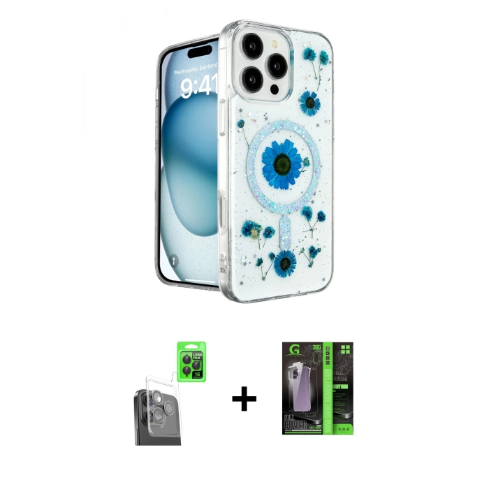 MARSİLYAN™- iPhone 16 Pro Max Kılıf Kozmos Doku - Şeffaf 360 Full Body Arka Koruyucu + Raze Metal Kamera Lens - SH
