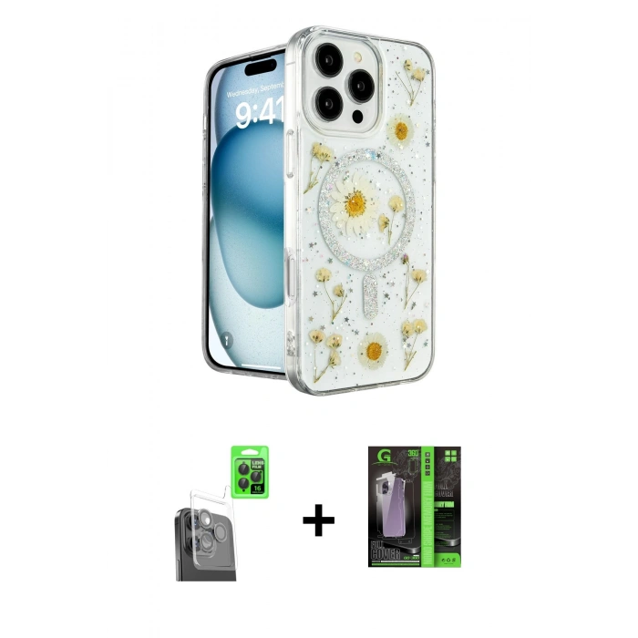 MARSİLYAN™- iPhone 16 Pro Max Kılıf Kozmos Doku - Şeffaf 360 Full Body Arka Koruyucu + Raze Metal Kamera Lens - SH