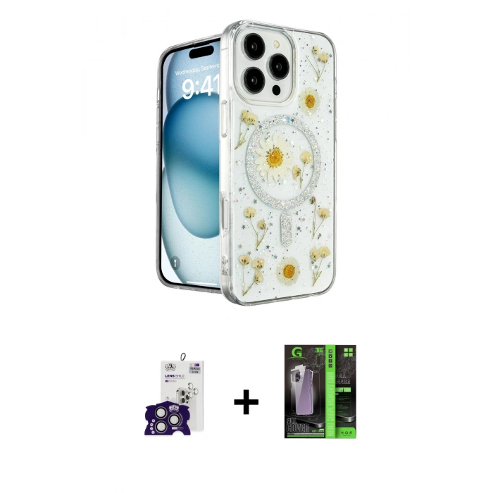 MARSİLYAN™- iPhone 16 Pro Max Kılıf Kozmos Doku - Şeffaf 360 Full Body Arka Koruyucu + Bilvis Titan Kamera Lens - TMGI