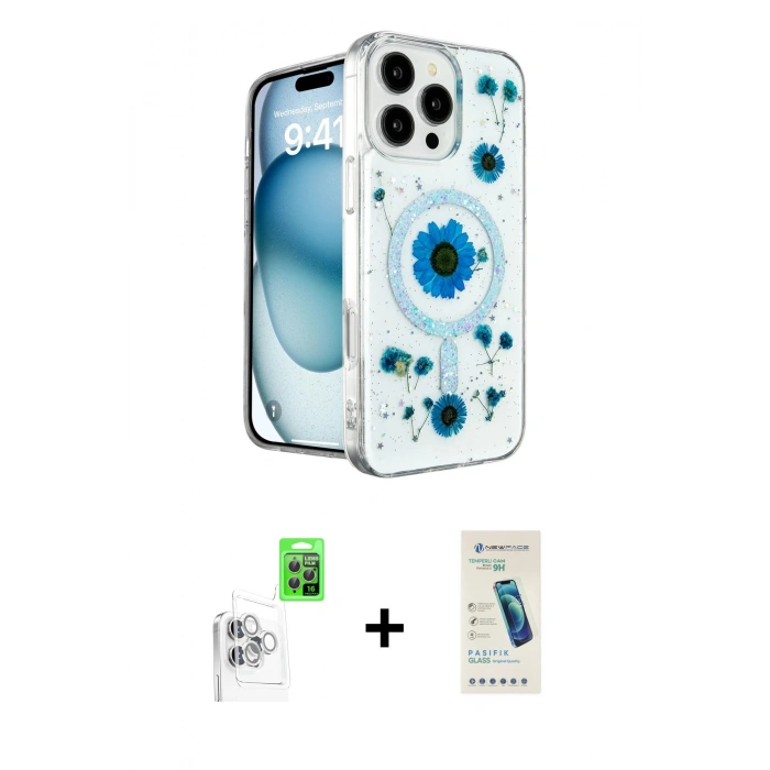 MARSİLYAN™- iPhone 16 Pro Max Kılıf Kozmos Doku - Şeffaf Pasifik Cam Ekran Koruyucu + Raze Metal Kamera Lens - BZ