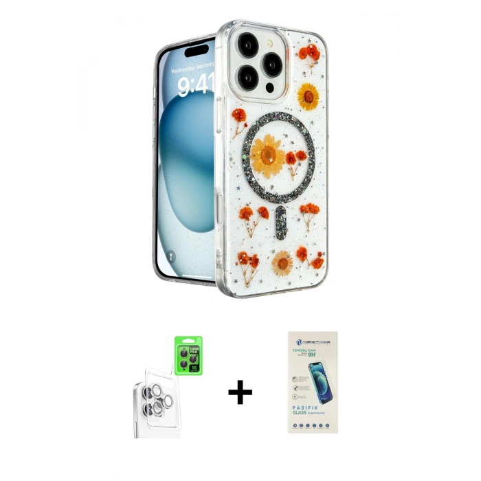 MARSİLYAN™- iPhone 16 Pro Max Kılıf Kozmos Doku - Şeffaf Pasifik Cam Ekran Koruyucu + Raze Metal Kamera Lens - BZ