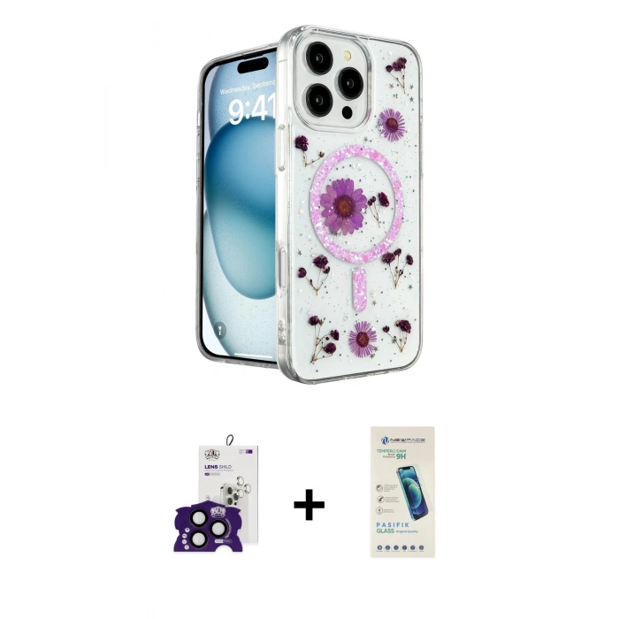 MARSİLYAN™- iPhone 16 Pro Max Kılıf Kozmos Doku - Şeffaf Pasifik Cam Ekran Koruyucu + Bilvis Titan Kamera Lens - SH