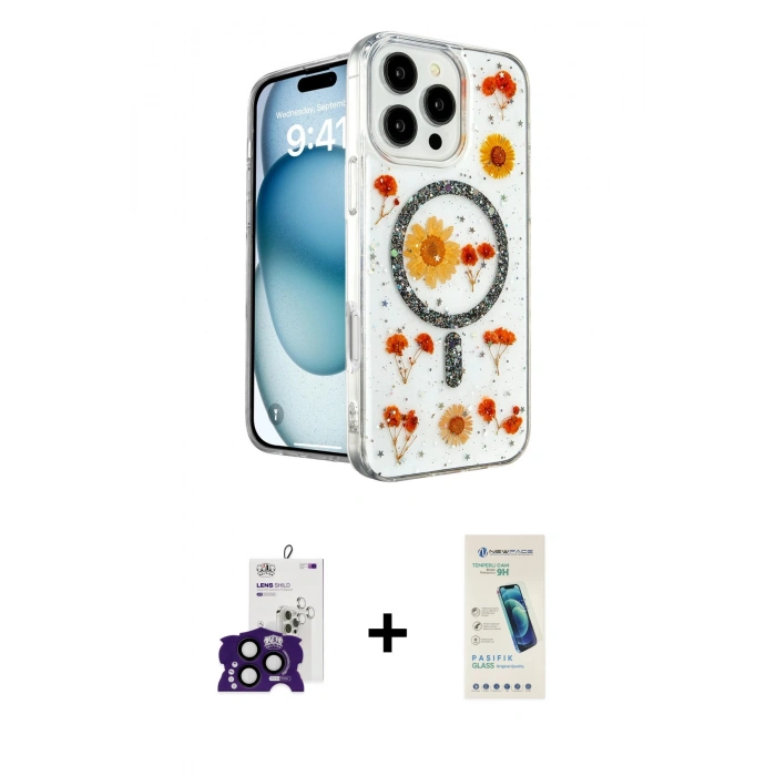 MARSİLYAN™- iPhone 16 Pro Max Kılıf Kozmos Doku - Şeffaf Pasifik Cam Ekran Koruyucu + Bilvis Titan Kamera Lens - SH
