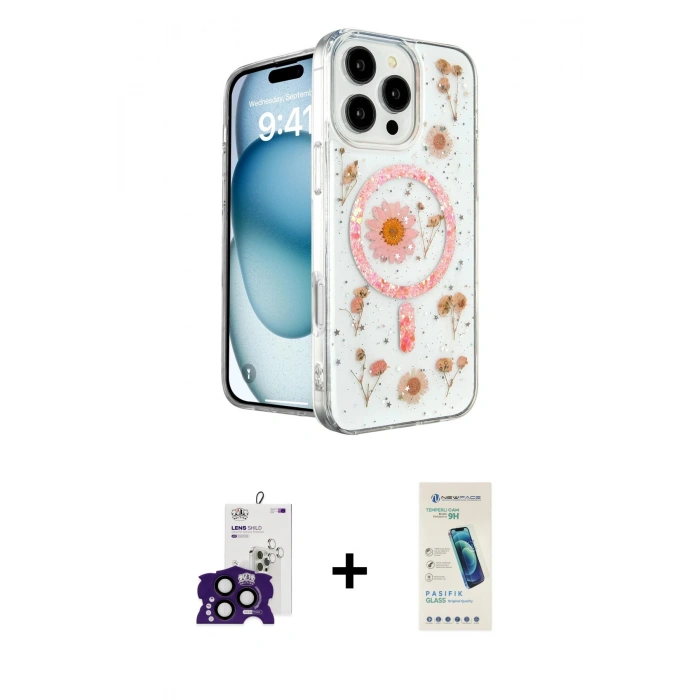 MARSİLYAN™- iPhone 16 Pro Max Kılıf Kozmos Doku - Şeffaf Pasifik Cam Ekran Koruyucu + Bilvis Titan Kamera Lens - SH